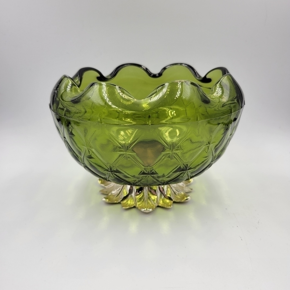 Vintage Indiana Green Glass Rose Bowl Duette Pattern Pineapple Footed Bowl 1960s